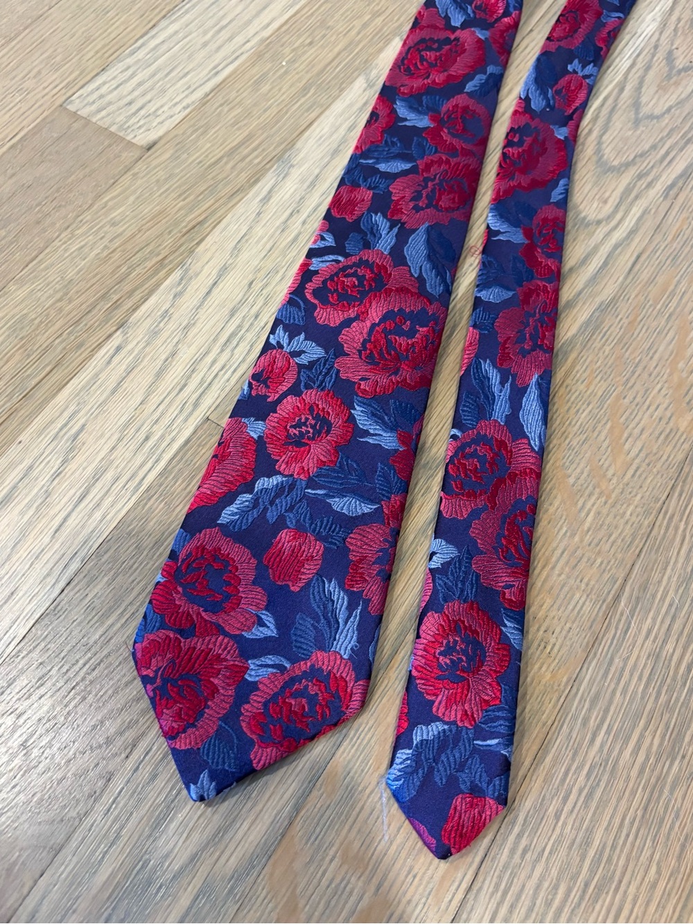 Duchamp London Silk Tie Blue Pink Red Embroidered Floral Pattern 59.5”x3.25”